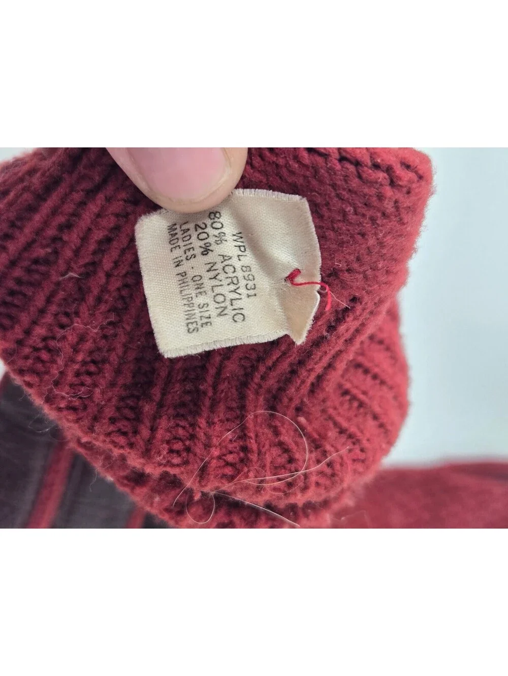 Vintage Maroon Knit Gloves Genuine Leather Palms WPL 6931 Ladies One Size